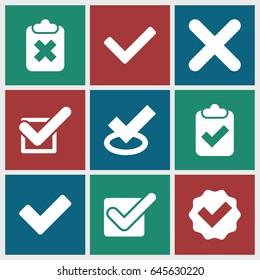 Correct icons set. set of 9 correct filled icons such as tick, cross, clipboard with tick