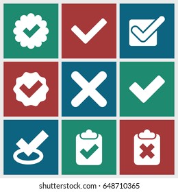 Correct icons set. set of 9 correct filled icons such as tick, cross, clipboard with tick