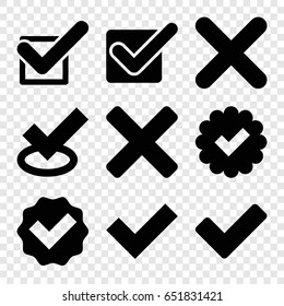 Correct icons set. set of 9 correct filled icons such as tick