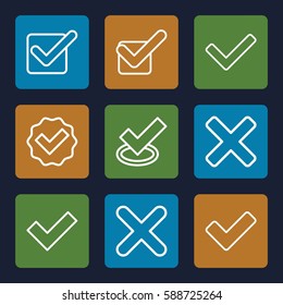 correct icons set. Set of 9 correct outline icons such as tick