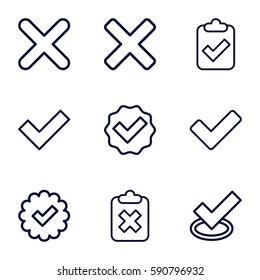 correct icons set. Set of 9 correct outline icons such as tick, cross, clipboard with tick