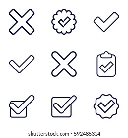 correct icons set. Set of 9 correct outline icons such as tick, cross