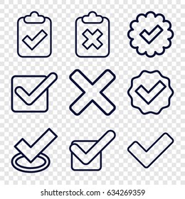 Correct icons set. set of 9 correct outline icons such as tick, cross, clipboard with tick