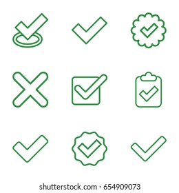 Correct icons set. set of 9 correct outline icons such as tick, cross