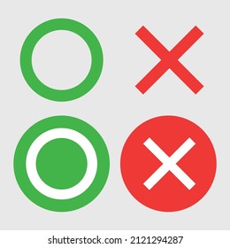 Correct and incorrect answers. Answers to the quiz. Circle and cross icon set. Editable vectors.