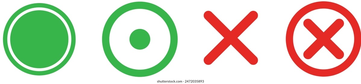 Correct and incorrect answers. Answers to the quiz. Circle and cross icon set. Editable vectors.