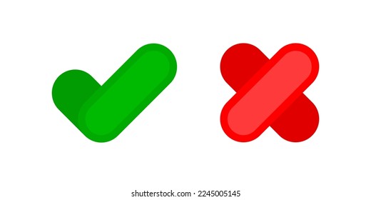 Correcto e incorrecto. Iconos aprobados y rechazados con marca de verificación y X con efecto de sombra 3D en colores verde y rojo. Imagen del vector