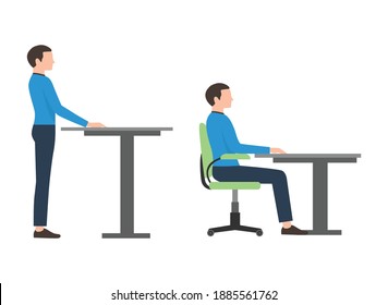 Correct and incorrect back posture for reading and writing, standing and sitting cartoon vector illustration isolated on white background. Portrait of man showing correct and incorrect back posture