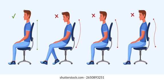 Correct and Incorrect back sitting position. Good and bad sitting posture. Vector illustration in flat style isolated for white background