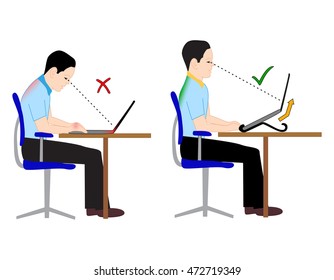 Correct and Incorrect back sitting position in flat style. 
