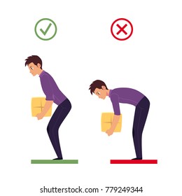 Correct, incorrect back spine alignment of young cartoon man character lifting weight. Healthy and unhealthy spine curvature, Spine care concept. Vector isolated illustration on a white background.