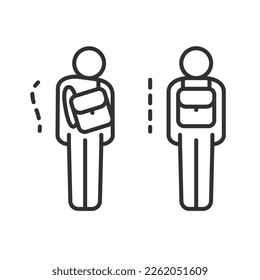 Correct and incorrect backpack carrying, linear icon. Do not wear a backpack with one shoulder strap. Schoolboy with backpack. Scoliosis. Line with editable stroke