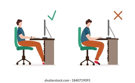 Correct and incorrect body position when sitting on office chair. Pose of a person when working at a computer. Healthy lifestyle. Flat isolated vector illustration