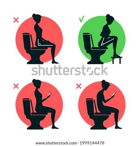 The correct and incorrect body posture of sitting on the toilet in the WC. The torso position angle 90 or 35 degrees. Good and bad. A right comfort posture. Comparison.