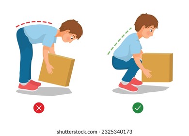 Correct and Incorrect body postures of young man lifting heavy objects