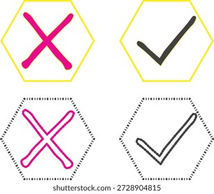 Iconos correctos e incorrectos de marca de verificación en forma de hexágono aislado sobre fondo blanco.