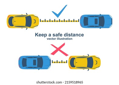 Distancia correcta e incorrecta. Distancia peligrosa. Peligro en la carretera. Infografía y un recordatorio para el controlador. Diseño plano de ilustración vectorial. Aislado sobre fondo blanco. Vista superior del vehículo.