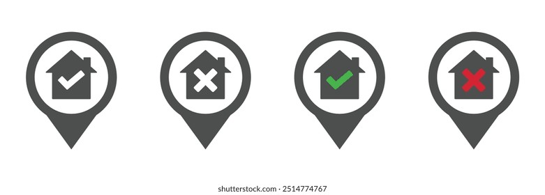 Ícones de vetor de localização de casa corretos e incorretos