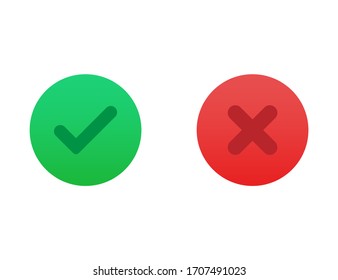 Correct or incorrect icon. Right or wrong answer in green and red gradient colors. Ok and no cross checkmark. Positive and negative checkbox. Vector EPS 10.