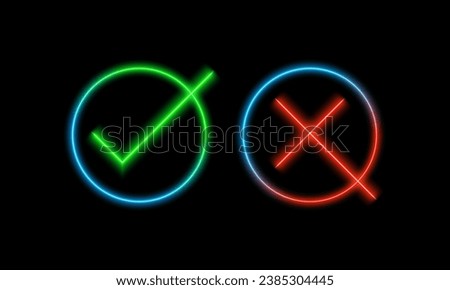 Correct incorrect icons in bright neon thin lines.