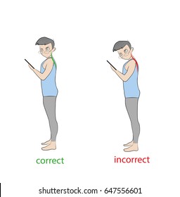 Correct and incorrect inclination of the neck when working with a smartphone (tablet). Hand drawn cartoon vector illustration for design and infographics.