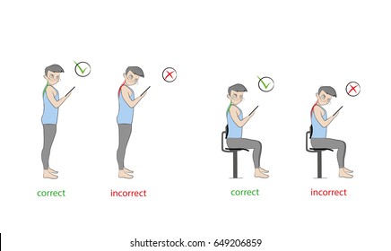 Correct and incorrect inclination of the neck when working with a smartphone (tablet). Hand drawn cartoon vector illustration for design and infographics. 