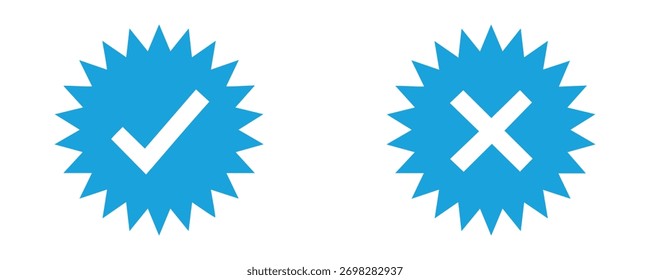 Ícones de marca corretos e incorretos com formas azuis e vermelhas. Marca e cruz vetorial para IU, aprovação ou resultado do exame.