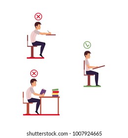 Correct, incorrect neck, spine alignment of young cartoon man character sitting at desk writing, reading. Head bending positions, inclination of neck. Spine care concept. Vector isolated illustration