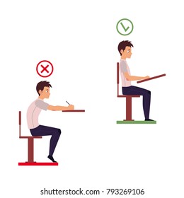 Correct and incorrect neck and spine alignment of young cartoon man character sitting at desk writing. Head bending positions, inclination of neck. Spine care concept. Vector isolated illustration