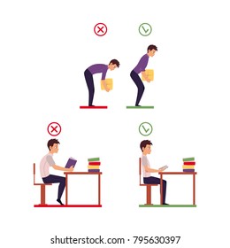 Correct, incorrect neck, spine alignment of young cartoon man character sitting at desk, lifting weight. Head bending positions, inclination of neck. Spine care concept. Vector isolated illustration