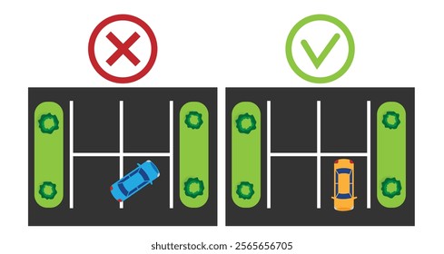 Correct and Incorrect Parking Style for a Car Top View. City infrastructure and transportation means vector art