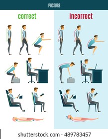 Correct and incorrect posture flat icons with men in standing sitting and lying poses isolated vector illustration  