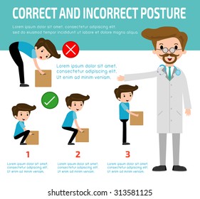 correct and incorrect posture, health care concept, vector,flat icons design, medical illustration, infographic Vector Illustration