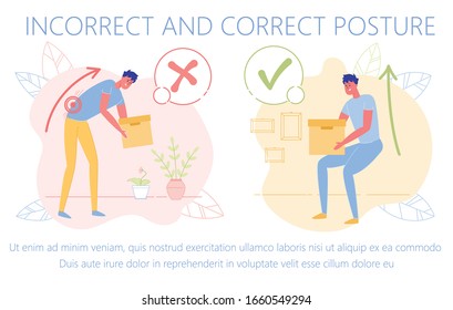 Correct and Incorrect Posture to Pick up Heavy Boxes Flat Cartoon Vector Illustration. Boy Feeling Pain in Lower Back Part. Lifting Carton Improperly. Raising Up with Straight Back to Avoid Pain.