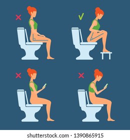 The Correct And Incorrect Posture Of Sitting On The Toilet In The WC. The Torso Position Angle 90 Or 35 Degrees. Good And Bad. Comfort Posture, Health Care. Woman Silhouette Hunched With A Smartphone.