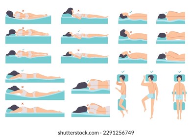Correct and incorrect posture of spine during sleep set. Men and women sleeping in different poses cartoon vector svg