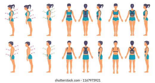 Correct and incorrect posture of the spine. Orthopedic corset, belt, brace. View from the front, back, side. Health care, proper growth. Kids silhouette. Vector cartoon flat isolated illustration set.