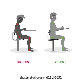 correct and incorrect posture when writing. vector illustration