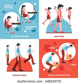 Correct and incorrect postures for healthy back and spine 2x2 design concept set flat isolated vector illustration