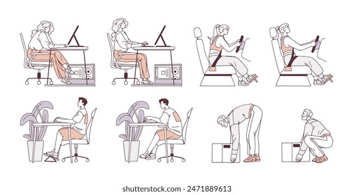 Correct and incorrect postures side view set. Right and wrong positions of sit at desk, work on computer, driving car, lift objects. Flat isolated contour vector illustrations on white background