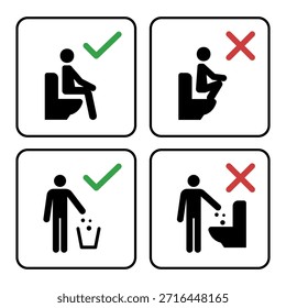 correct and incorrect postures or uses of a toilet, instructional signs, depicting things like how to sit on a water closet properly