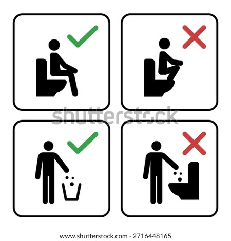 correct and incorrect postures or uses of a toilet, instructional signs, depicting things like how to sit on a water closet properly