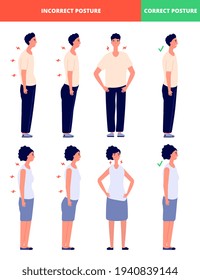 Correct incorrect postures. What we stand, posture alignment for man woman. Good standing poses for body spine, proper positions utter vector poster