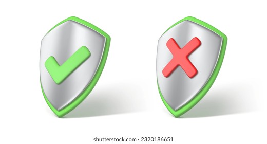 Correct and incorrect sign on 3d shield icon. Right and wrong marks. Green tick and red cross symbol. True, false checkbox. Access denied and allowed, verification concept. Vector 3D illustration
