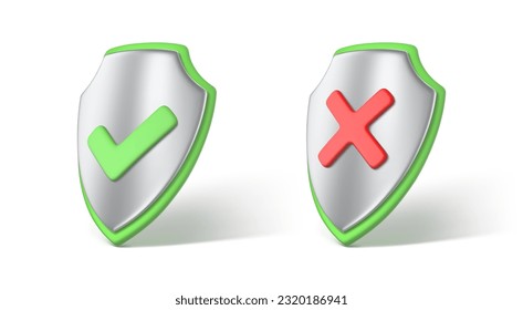 Correct and incorrect sign on 3d shield icon. Right and wrong marks. Green tick and red cross symbol. True, false checkbox. Access denied and allowed, verification concept. Vector 3D illustration