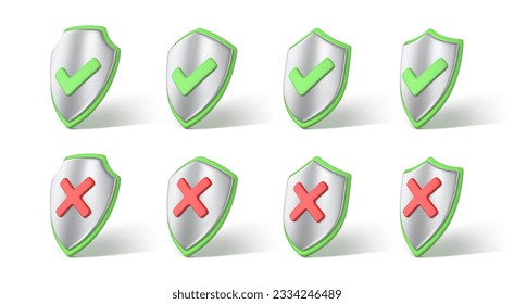 Correct and incorrect sign on protective shields. Right and wrong marks. Green tick and red cross symbol. True, false checkbox. Access denied and allowed, verification concept. Vector 3D illustration