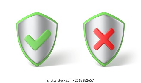 Signo correcto e incorrecto en el icono de escudo. Marcas correctas e incorrectas. Símbolo de garrapata verde y cruz roja. True, casilla de verificación false. Acceso denegado y permitido, concepto de verificación. Ilustración del vector 3D