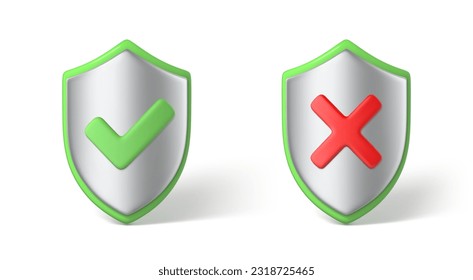 Korrigieren und falsches Schild auf dem Schildsymbol. Richtig und falsch. Grünes und rotes Kreuz-Symbol. Richtig, falsches Kontrollkästchen. Zugriff verweigert und erlaubt, Verifizierungskonzept. Vektorgrafik 3D-Illustration