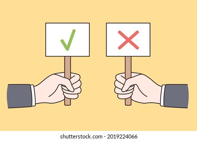 Correct and incorrect signs concept. Hands of people holding signs with green mark approval and red denying symbol over yellow background vector illustration 