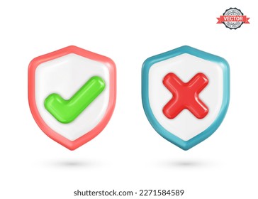 Señales correctas e incorrectas en los iconos de escudo. Iconos de marca correctos e incorrectos. Símbolos de garrapatas verdes y cruces rojas. Ilustración vectorial 3D realista sobre fondo blanco